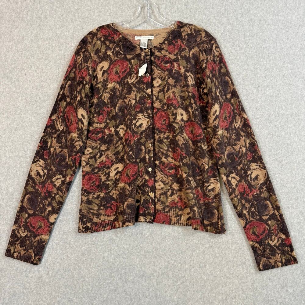 Sarah Spencer Lambs Wool Angora Cardigan Floral Sweater Size XL Classic